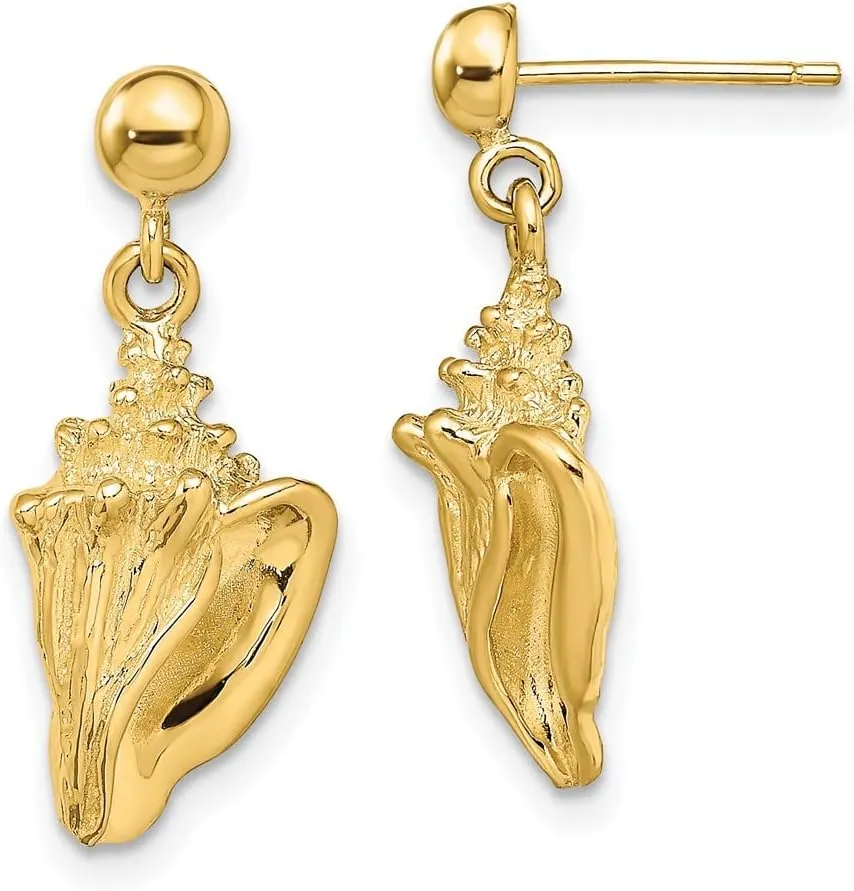 Real 14k Yellow Gold Conch Shell Dangle Earrings - 22mm x 10mm