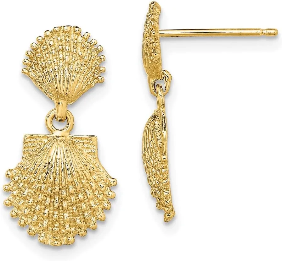 Real 14k Yellow Gold Double Beaded Scallop Shell Dangle Earrings - 20mm x 10mm