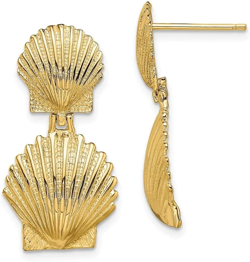 Real 14k Yellow Gold Double Scallop Shell Post Studs Earrings - 24mm x 12mm