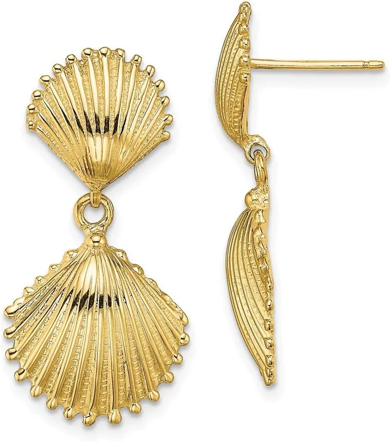 Real 14k Yellow Gold Scallop Shell Dangle Earrings - 29mm x 14mm