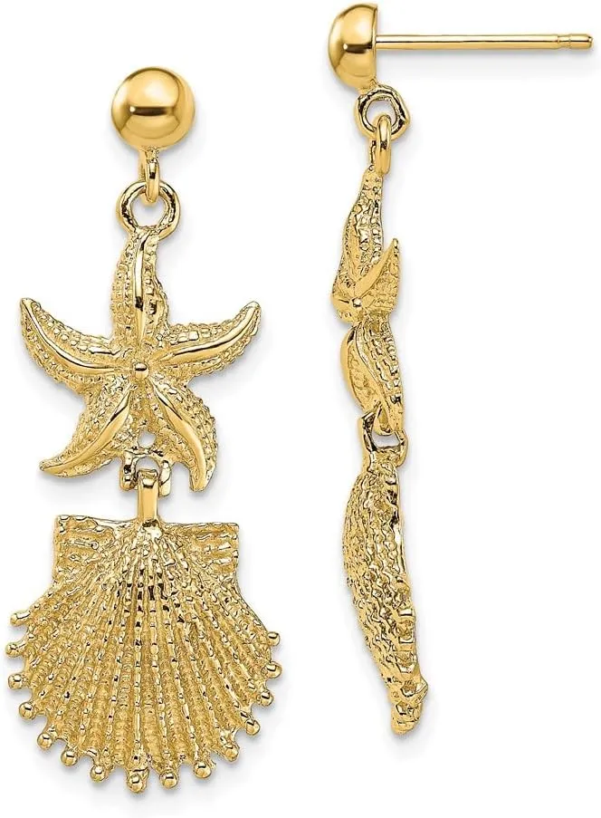 Real 14k Yellow Gold Starfish and Scallop Shell Dangle Earrings - 33mm x 13mm