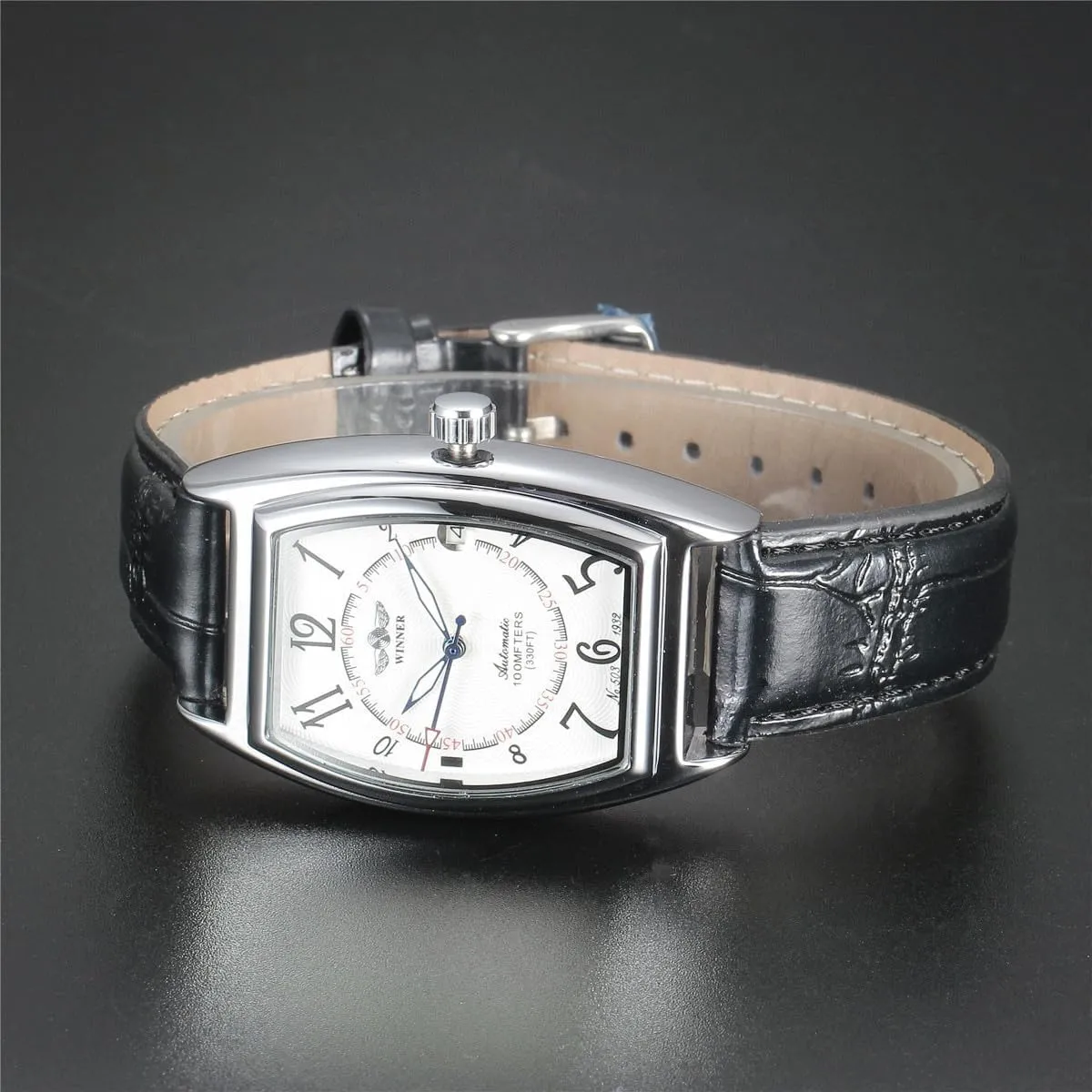Rectangle Watch Automatic Mechanical Waterproof Watch Black Leather with Stainless Steel Watches for Men