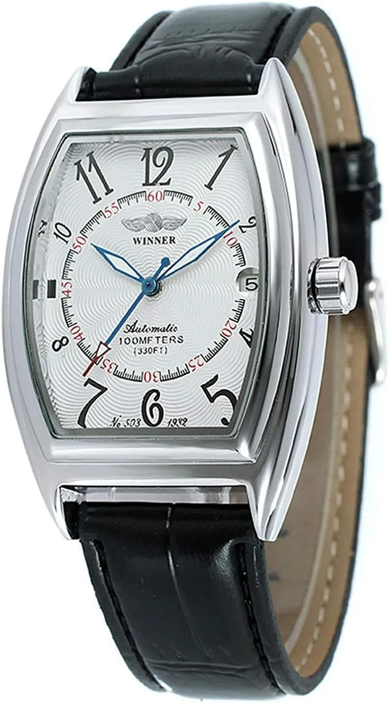 Rectangle Watch Automatic Mechanical Waterproof Watch Black Leather with Stainless Steel Watches for Men