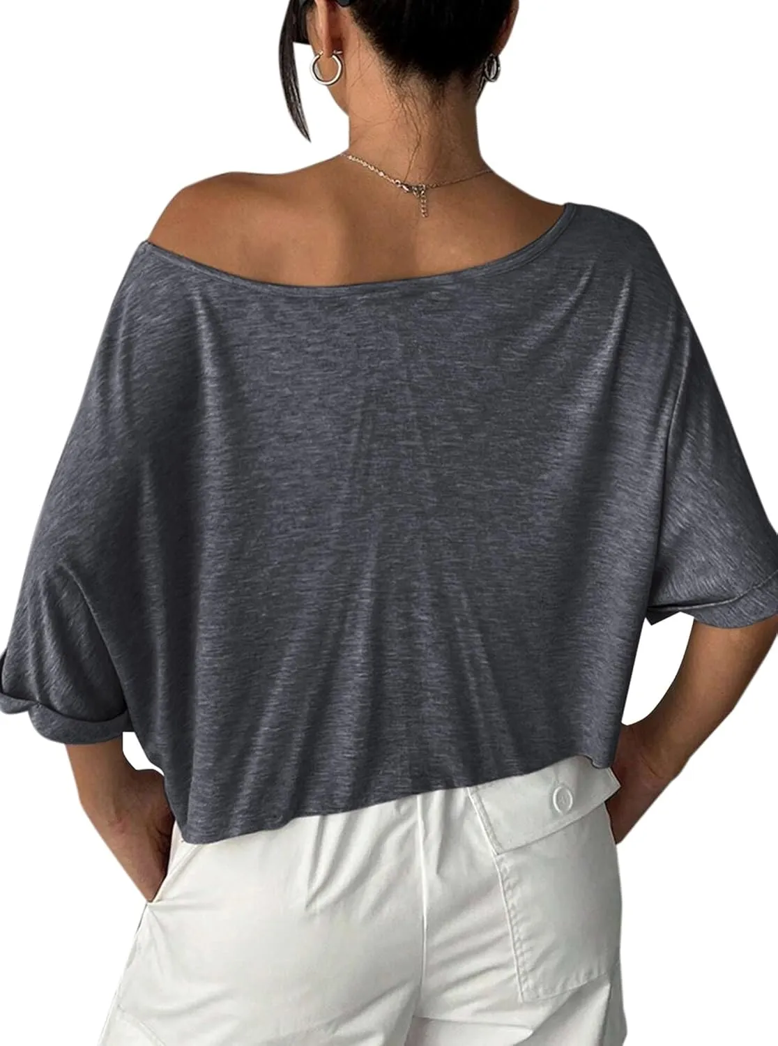 Remidoo Womens Off The Shoulder Short Sleeve Crop Top Asymmetrical Neck Loose Tshirt