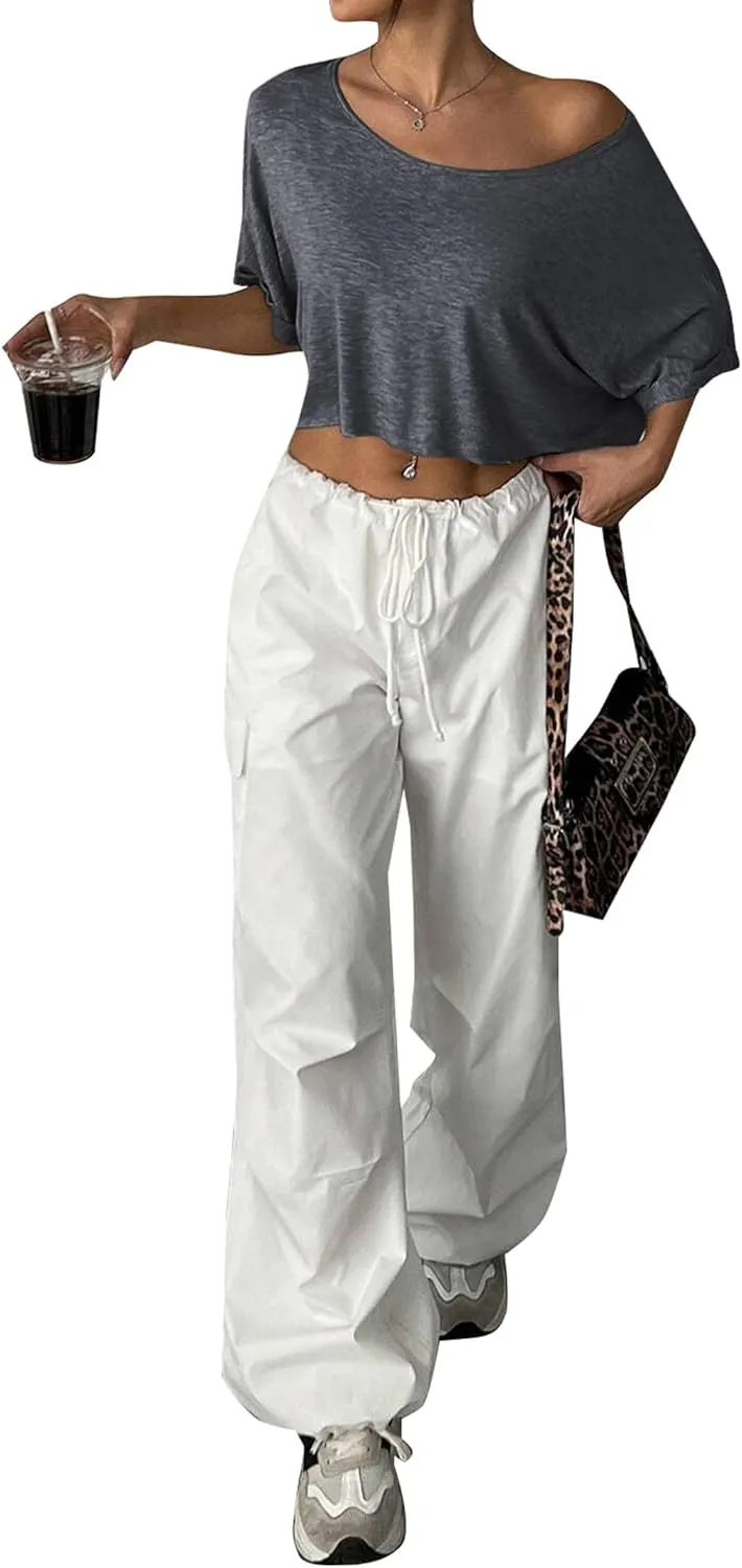 Remidoo Womens Off The Shoulder Short Sleeve Crop Top Asymmetrical Neck Loose Tshirt