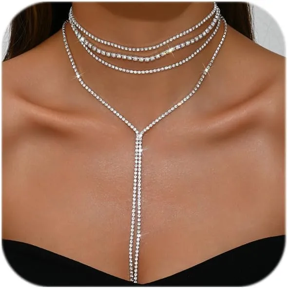 Rhinestone Statement Necklace Layered Sexy Choker Necklace Long Layered Necklaces for Women Multilayered Y Long Rhinestones Choker Necklaces