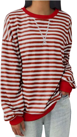 RKSTN Womens Casual Striped Tops Long Sleeve Shirts Crewneck Oversized Sweatshirts 2024 Trendy Fall Clothes