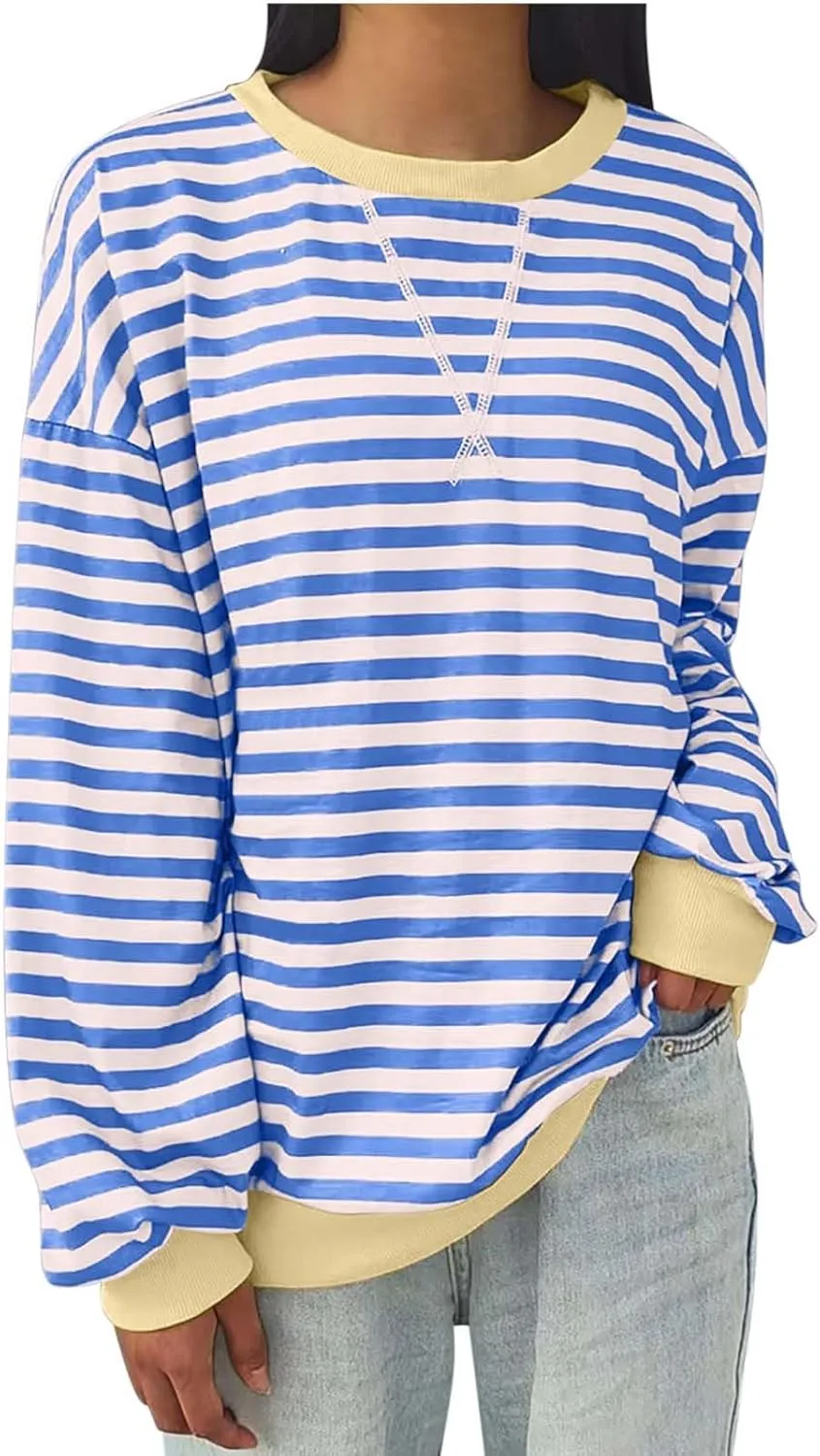 RKSTN Womens Casual Striped Tops Long Sleeve Shirts Crewneck Oversized Sweatshirts 2024 Trendy Fall Clothes