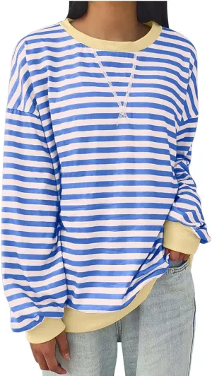 RKSTN Womens Casual Striped Tops Long Sleeve Shirts Crewneck Oversized Sweatshirts 2024 Trendy Fall Clothes