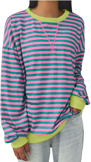 RKSTN Womens Casual Striped Tops Long Sleeve Shirts Crewneck Oversized Sweatshirts 2024 Trendy Fall Clothes