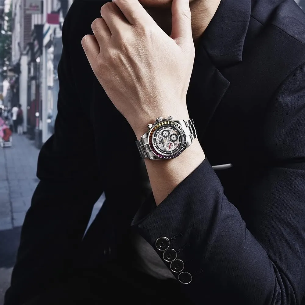 RollsTimi Pagani Design Men's Automatic Watches Diamond Rainbow Automatic Mechanical Waterproof Stainless Steel Chronograph Skeleton Men 40mm