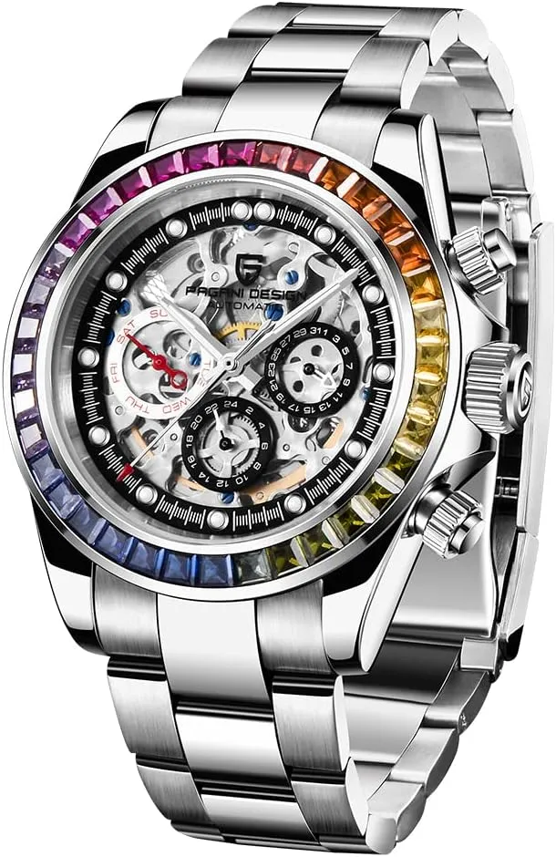 RollsTimi Pagani Design Men's Automatic Watches Diamond Rainbow Automatic Mechanical Waterproof Stainless Steel Chronograph Skeleton Men 40mm