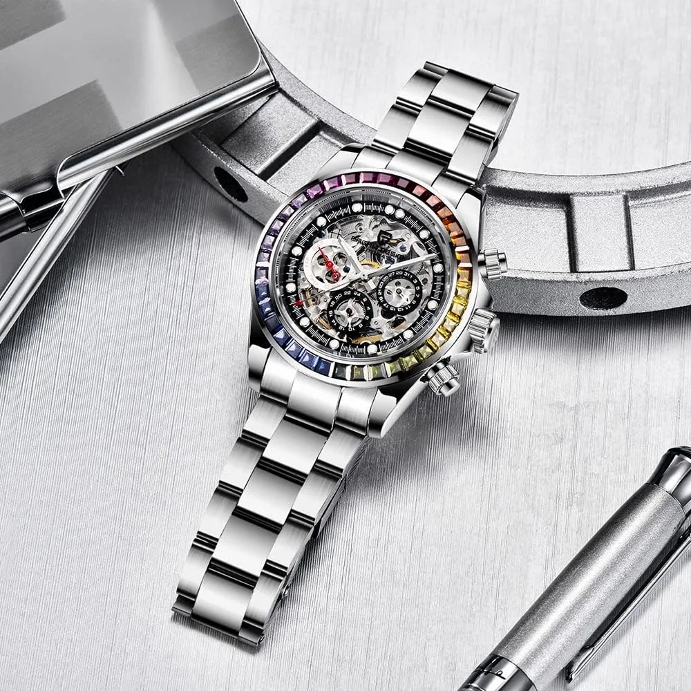 RollsTimi Pagani Design Men's Automatic Watches Diamond Rainbow Automatic Mechanical Waterproof Stainless Steel Chronograph Skeleton Men 40mm