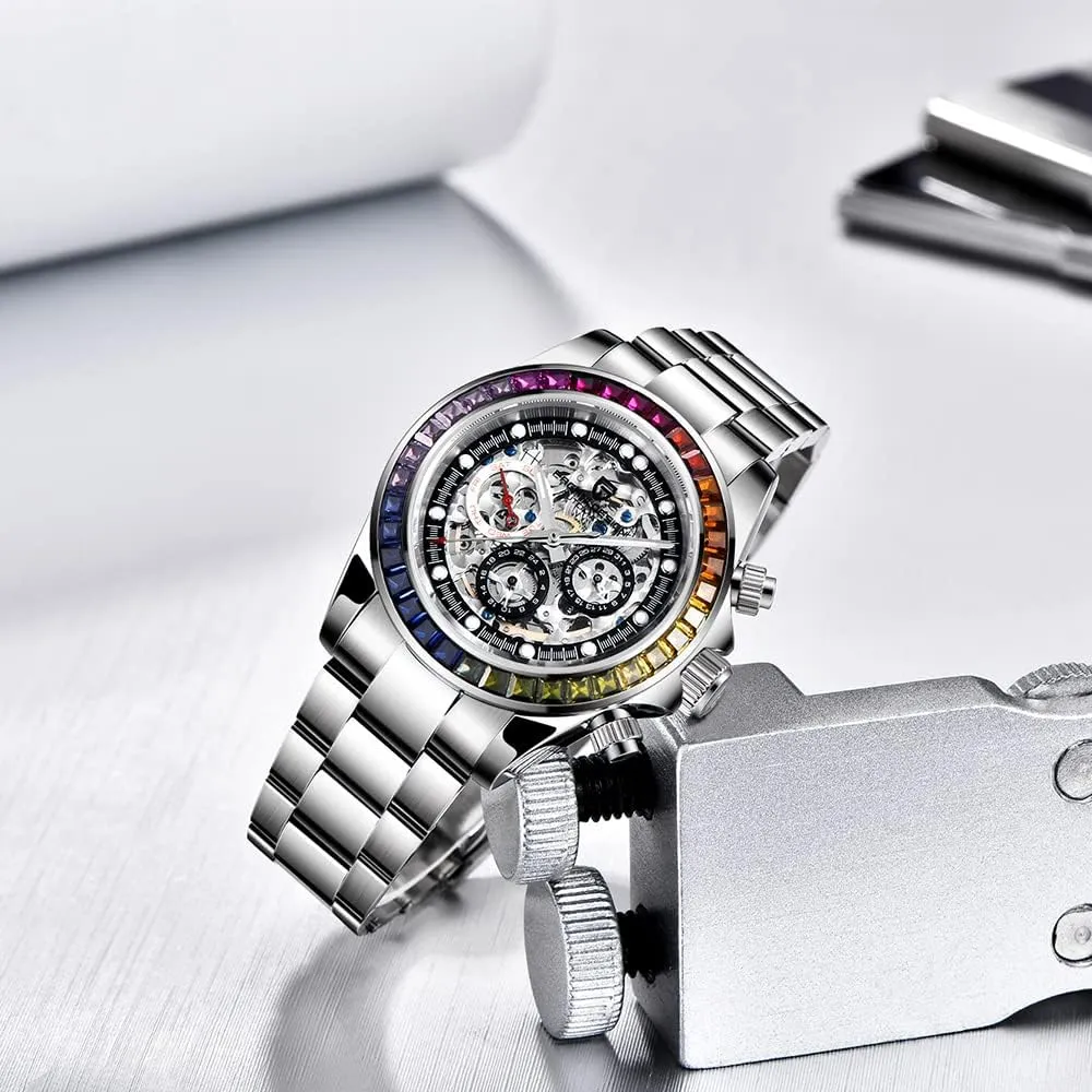 RollsTimi Pagani Design Men's Automatic Watches Diamond Rainbow Automatic Mechanical Waterproof Stainless Steel Chronograph Skeleton Men 40mm