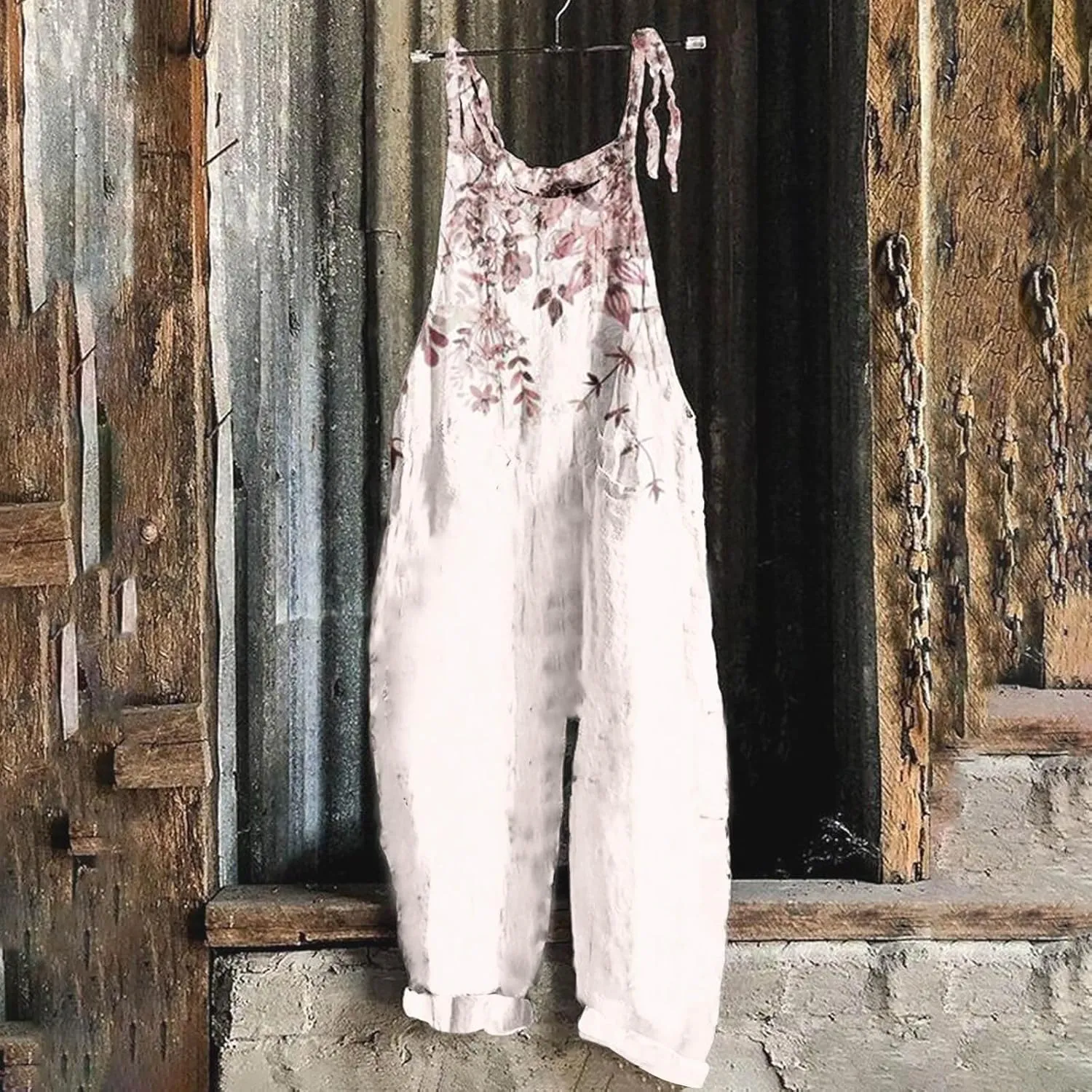 Rompers for Women 2024 Summer Boho Spaghetti Strap Linen Jumpsuits Vintage Floral Print Bohemian Overalls Long Pants