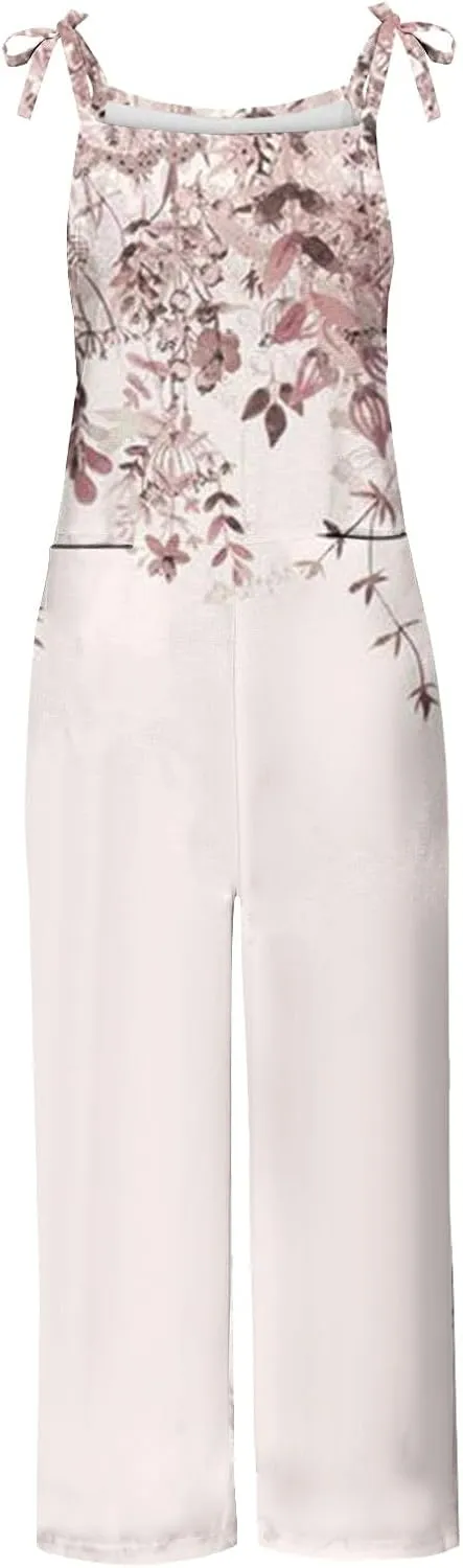 Rompers for Women 2024 Summer Boho Spaghetti Strap Linen Jumpsuits Vintage Floral Print Bohemian Overalls Long Pants