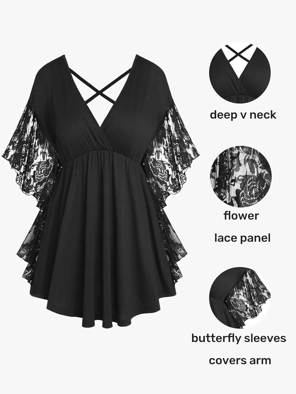 ROSE GAL Women's Plus Size Flower Lace Butterfly Sleeve T Shirt Curve Flower Lace Summer Casual Tunic
