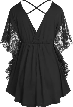 ROSE GAL Women's Plus Size Flower Lace Butterfly Sleeve T Shirt Curve Flower Lace Summer Casual Tunic