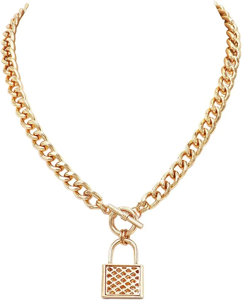 Rosemarie & Jubalee Women's Stunning Polished Gold Tone Chunky Curb Link Chain with Lock Charm Toggle Clasp Collar Necklace, 18"