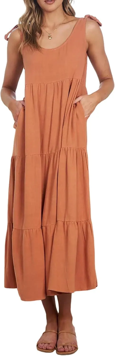 R.Vivimos Women's Summer Casual Beach Midi Dress Cotton Linen Sleeveless Adjustable Straps Tiered Flowy Dresses with Pockets