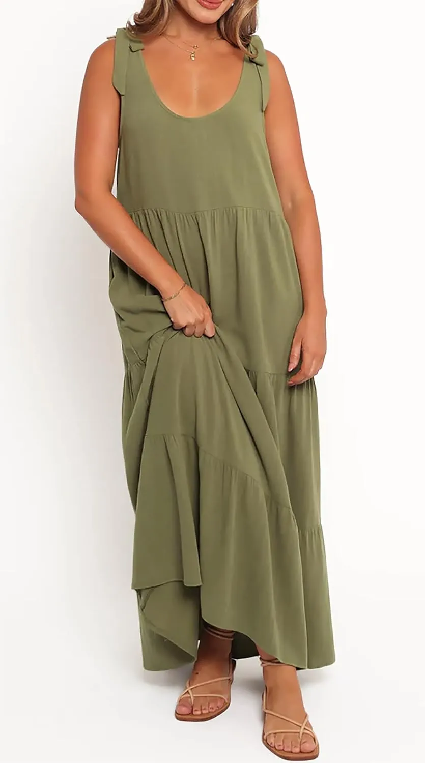 R.Vivimos Women's Summer Casual Beach Midi Dress Cotton Linen Sleeveless Adjustable Straps Tiered Flowy Dresses with Pockets