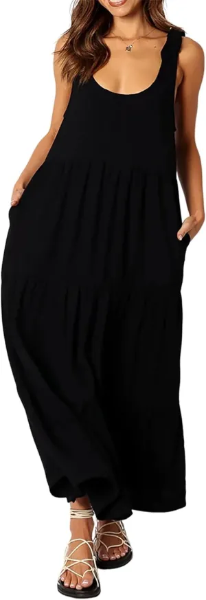 R.Vivimos Women's Summer Casual Beach Midi Dress Cotton Linen Sleeveless Adjustable Straps Tiered Flowy Dresses with Pockets