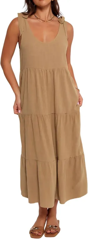 R.Vivimos Women's Summer Casual Beach Midi Dress Cotton Linen Sleeveless Adjustable Straps Tiered Flowy Dresses with Pockets