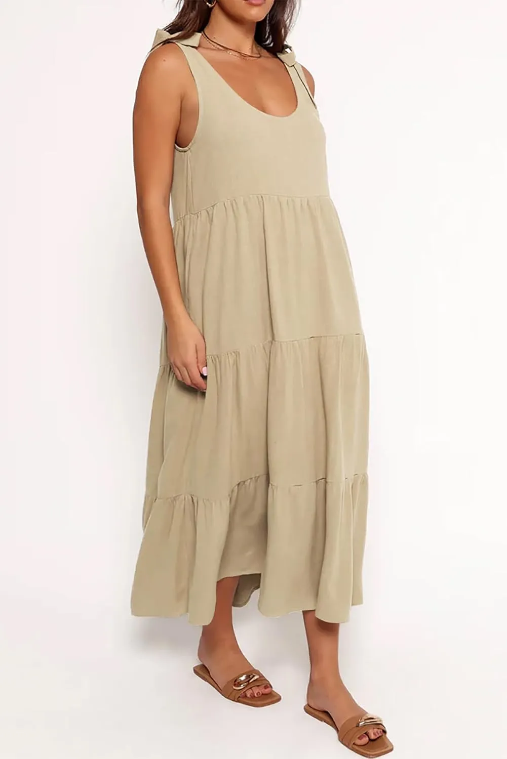 R.Vivimos Women's Summer Casual Beach Midi Dress Cotton Linen Sleeveless Adjustable Straps Tiered Flowy Dresses with Pockets
