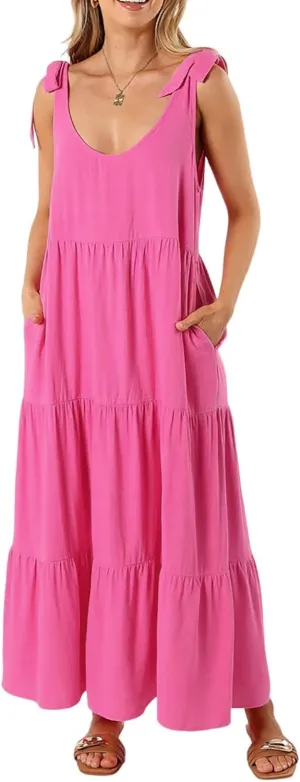 R.Vivimos Women's Summer Casual Beach Midi Dress Cotton Linen Sleeveless Adjustable Straps Tiered Flowy Dresses with Pockets