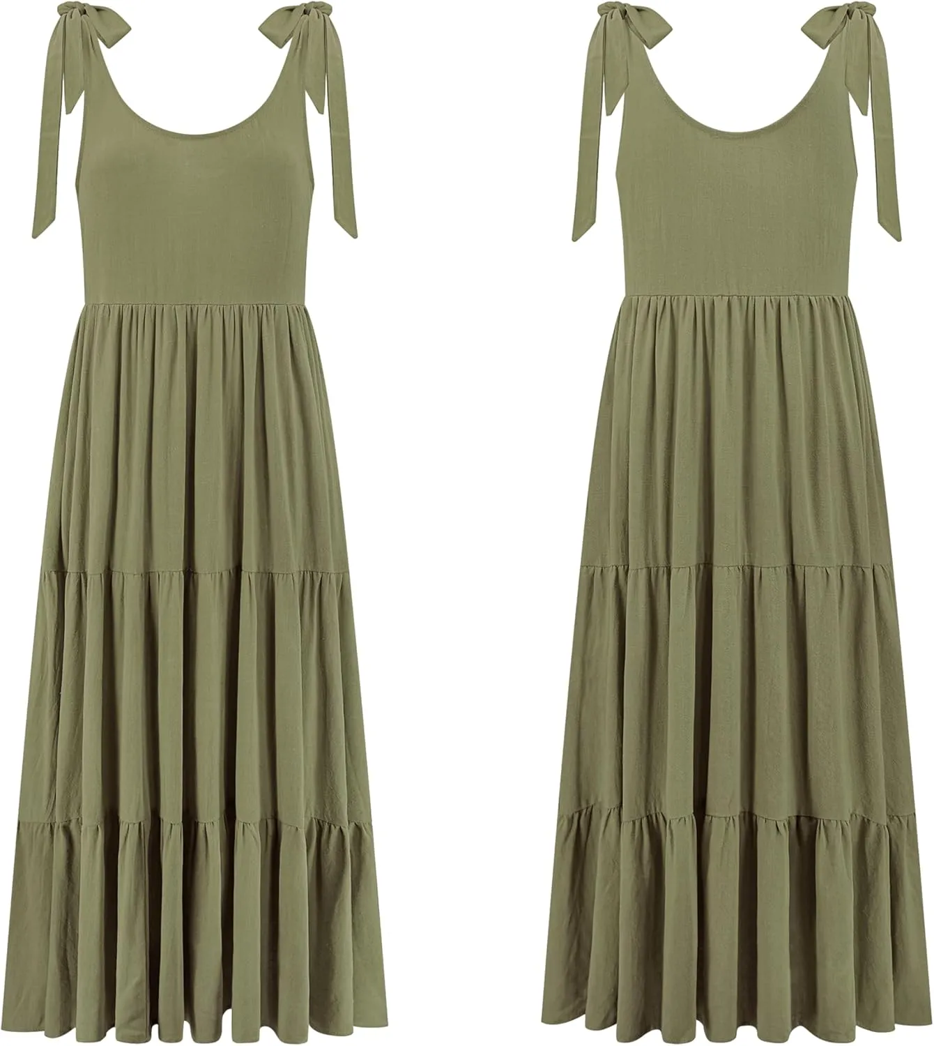 R.Vivimos Women's Summer Casual Beach Midi Dress Cotton Linen Sleeveless Adjustable Straps Tiered Flowy Dresses with Pockets