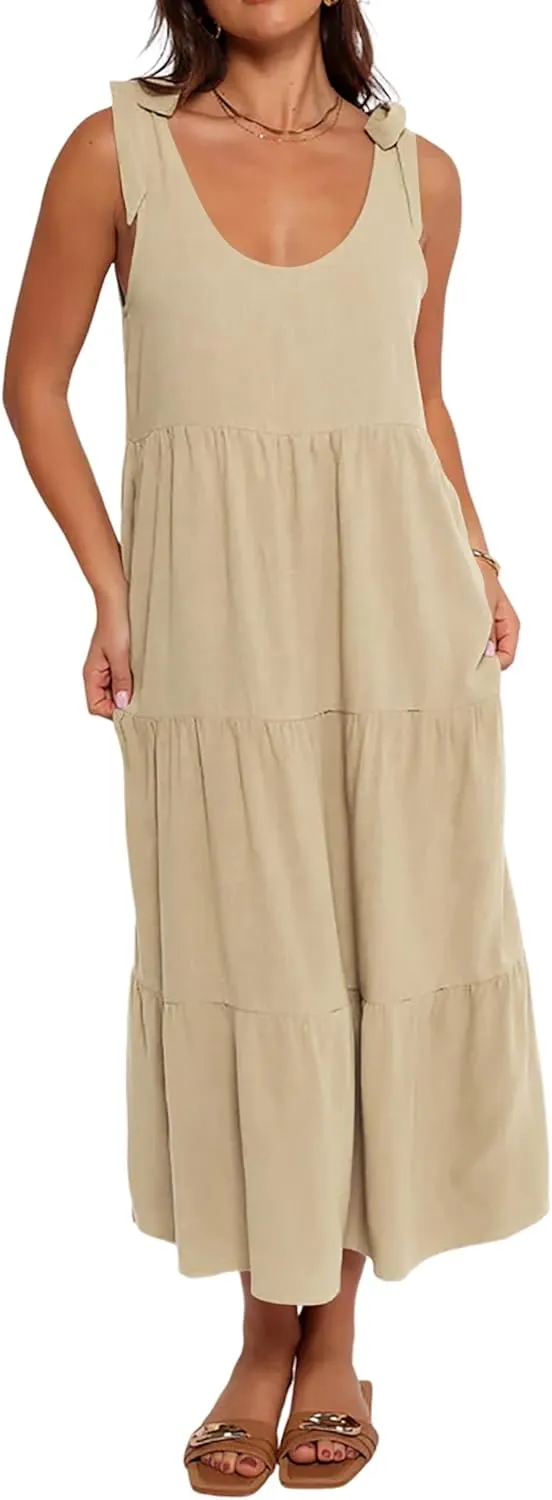 R.Vivimos Women's Summer Casual Beach Midi Dress Cotton Linen Sleeveless Adjustable Straps Tiered Flowy Dresses with Pockets