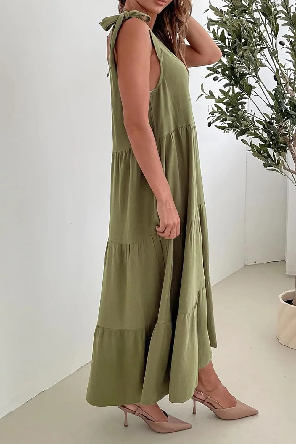 R.Vivimos Women's Summer Casual Beach Midi Dress Cotton Linen Sleeveless Adjustable Straps Tiered Flowy Dresses with Pockets
