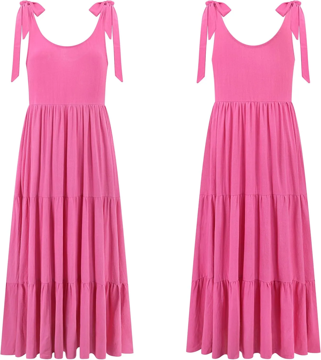 R.Vivimos Women's Summer Casual Beach Midi Dress Cotton Linen Sleeveless Adjustable Straps Tiered Flowy Dresses with Pockets