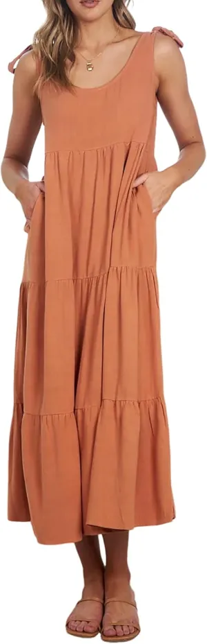 R.Vivimos Women's Summer Casual Beach Midi Dress Cotton Linen Sleeveless Adjustable Straps Tiered Flowy Dresses with Pockets