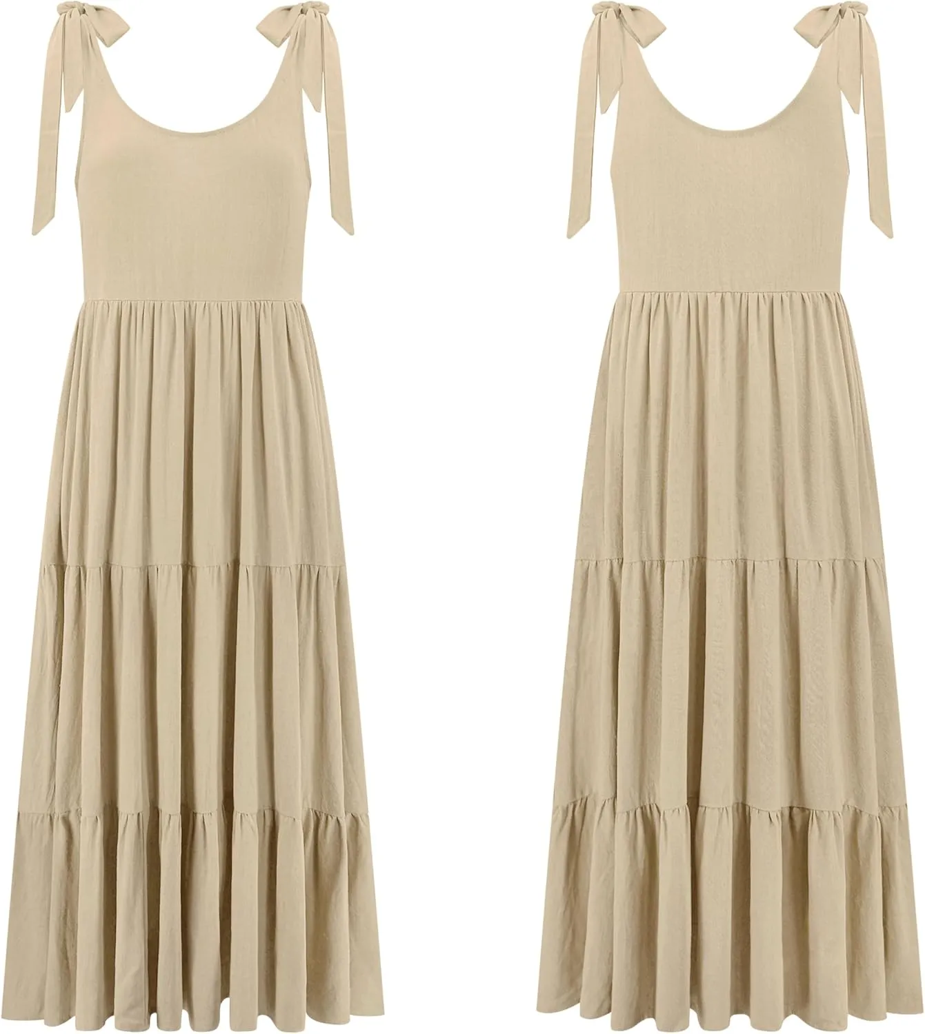 R.Vivimos Women's Summer Casual Beach Midi Dress Cotton Linen Sleeveless Adjustable Straps Tiered Flowy Dresses with Pockets