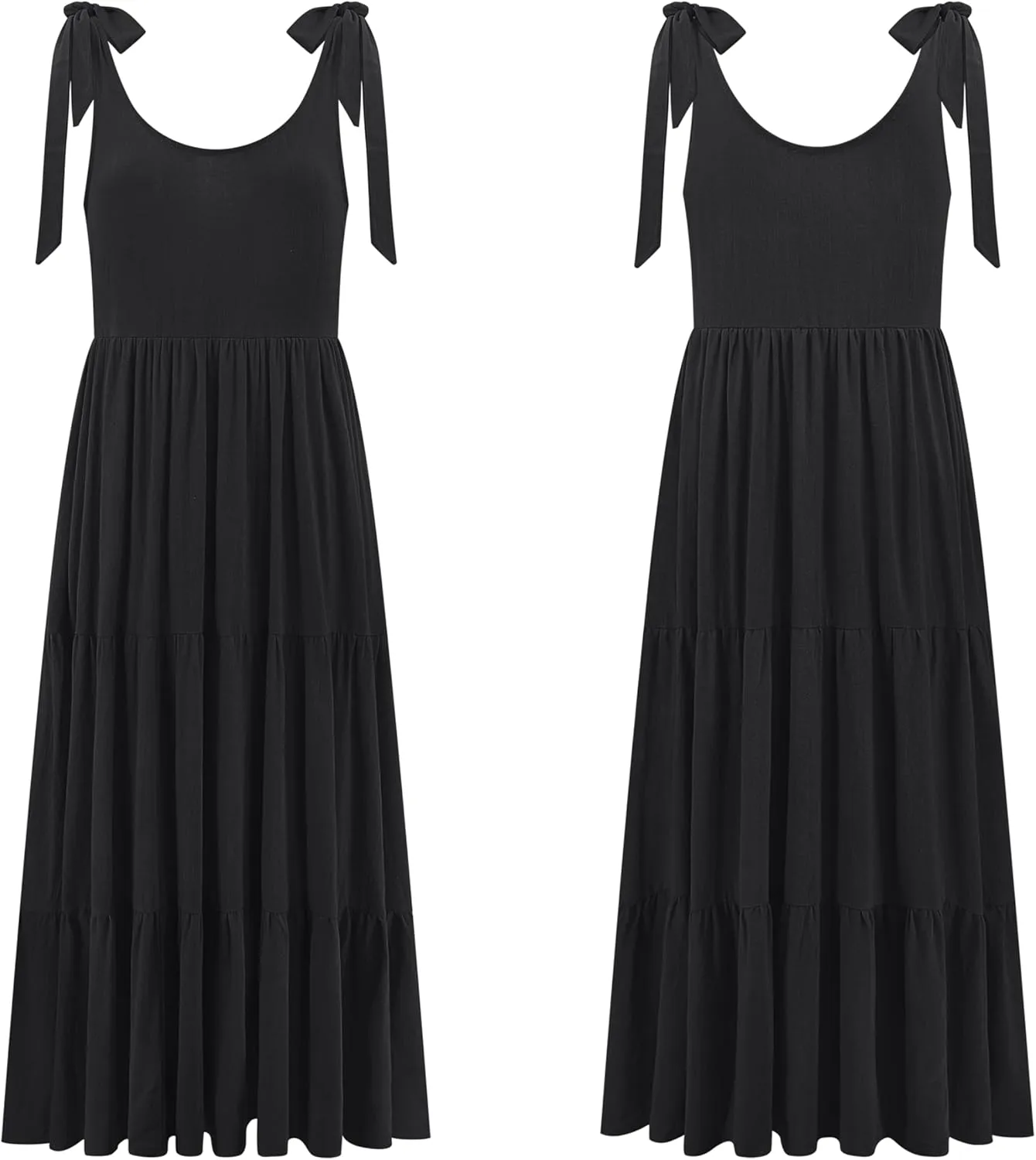 R.Vivimos Women's Summer Casual Beach Midi Dress Cotton Linen Sleeveless Adjustable Straps Tiered Flowy Dresses with Pockets