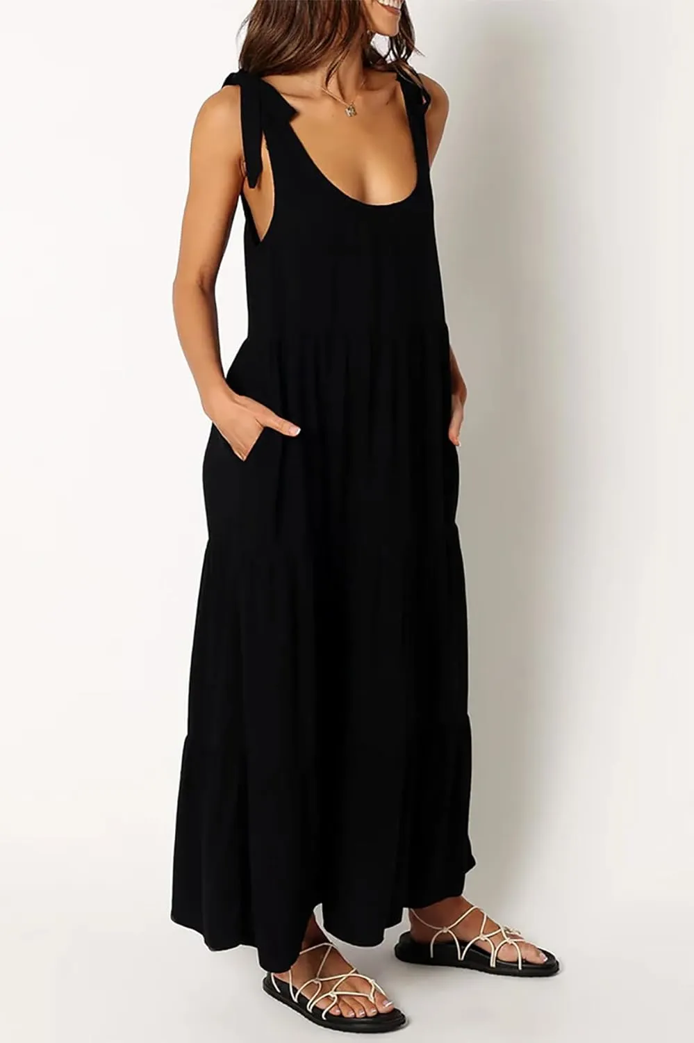 R.Vivimos Women's Summer Casual Beach Midi Dress Cotton Linen Sleeveless Adjustable Straps Tiered Flowy Dresses with Pockets