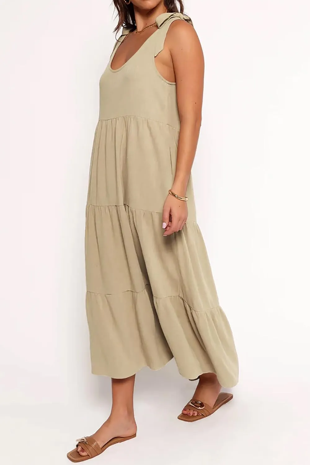 R.Vivimos Women's Summer Casual Beach Midi Dress Cotton Linen Sleeveless Adjustable Straps Tiered Flowy Dresses with Pockets