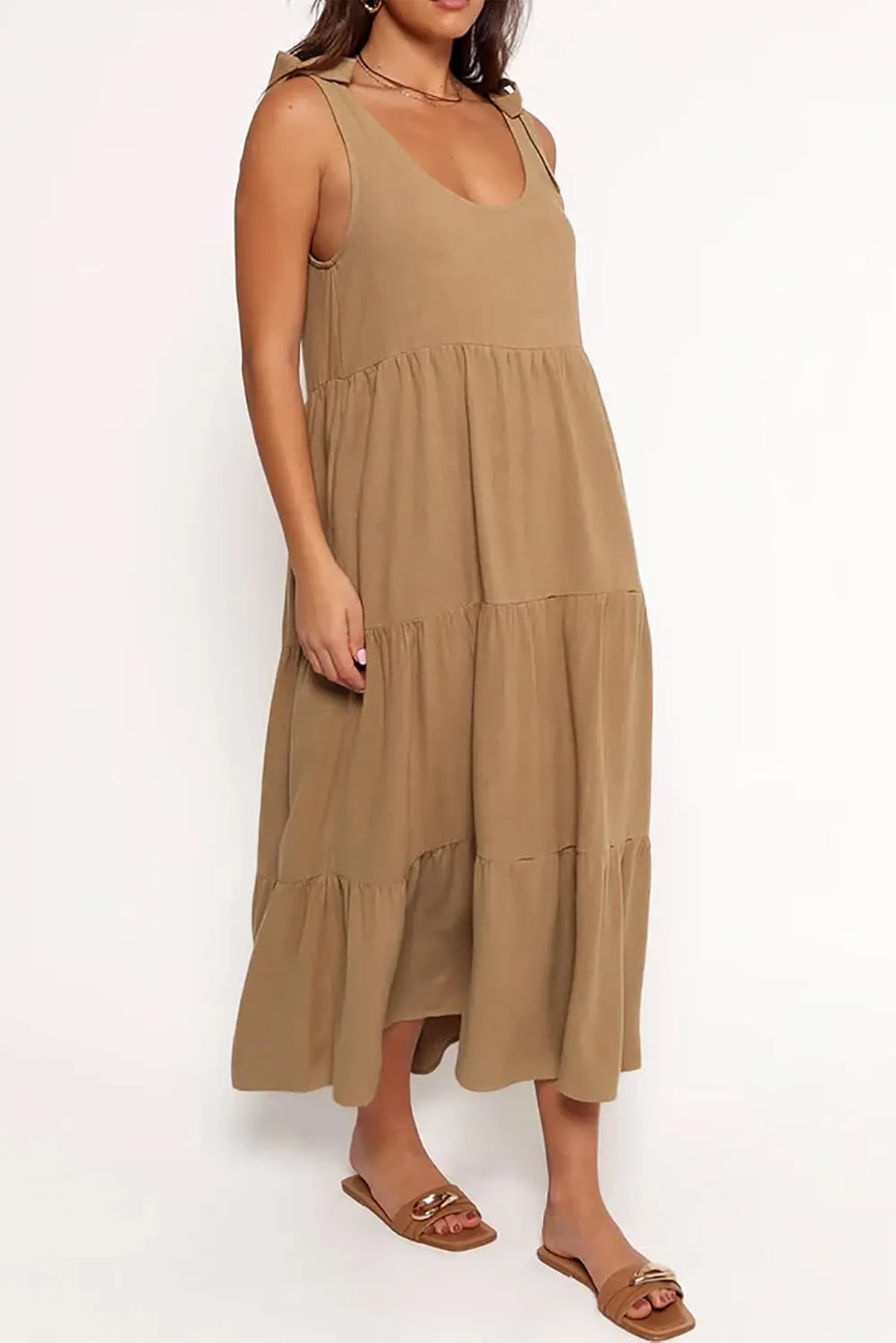 R.Vivimos Women's Summer Casual Beach Midi Dress Cotton Linen Sleeveless Adjustable Straps Tiered Flowy Dresses with Pockets