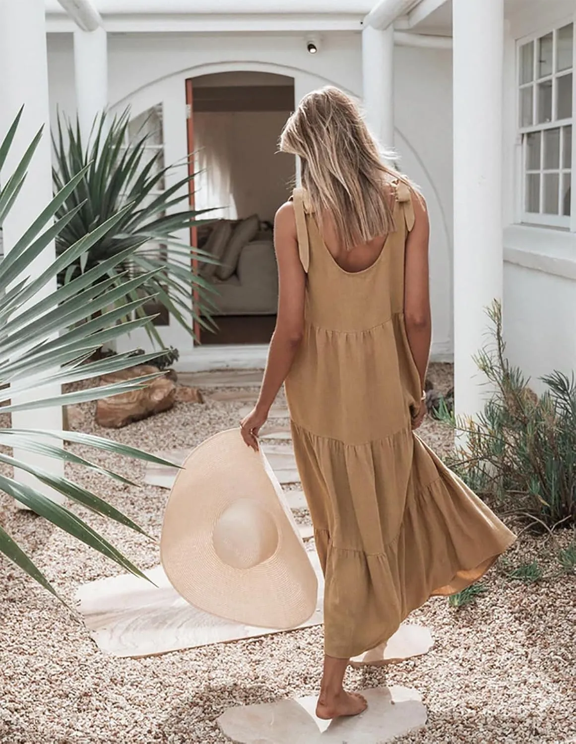 R.Vivimos Women's Summer Casual Beach Midi Dress Cotton Linen Sleeveless Adjustable Straps Tiered Flowy Dresses with Pockets