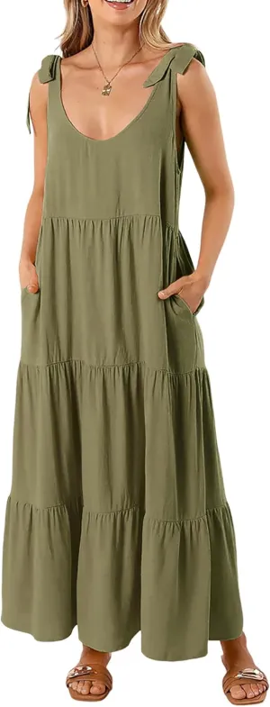 R.Vivimos Women's Summer Casual Beach Midi Dress Cotton Linen Sleeveless Adjustable Straps Tiered Flowy Dresses with Pockets