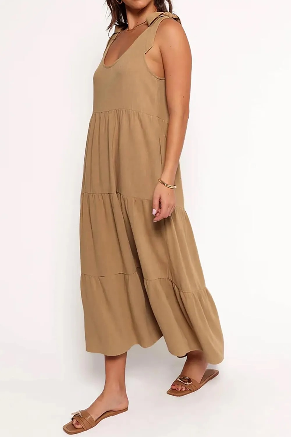 R.Vivimos Women's Summer Casual Beach Midi Dress Cotton Linen Sleeveless Adjustable Straps Tiered Flowy Dresses with Pockets