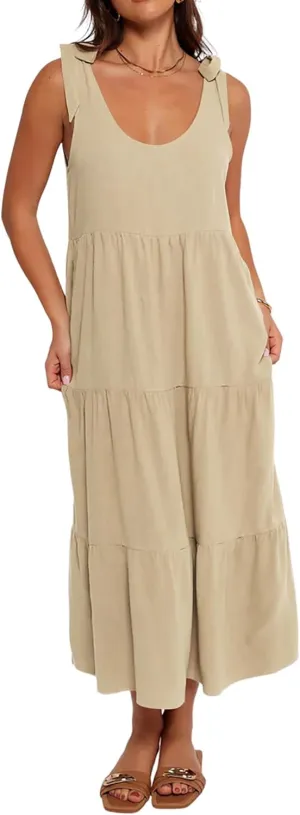 R.Vivimos Women's Summer Casual Beach Midi Dress Cotton Linen Sleeveless Adjustable Straps Tiered Flowy Dresses with Pockets