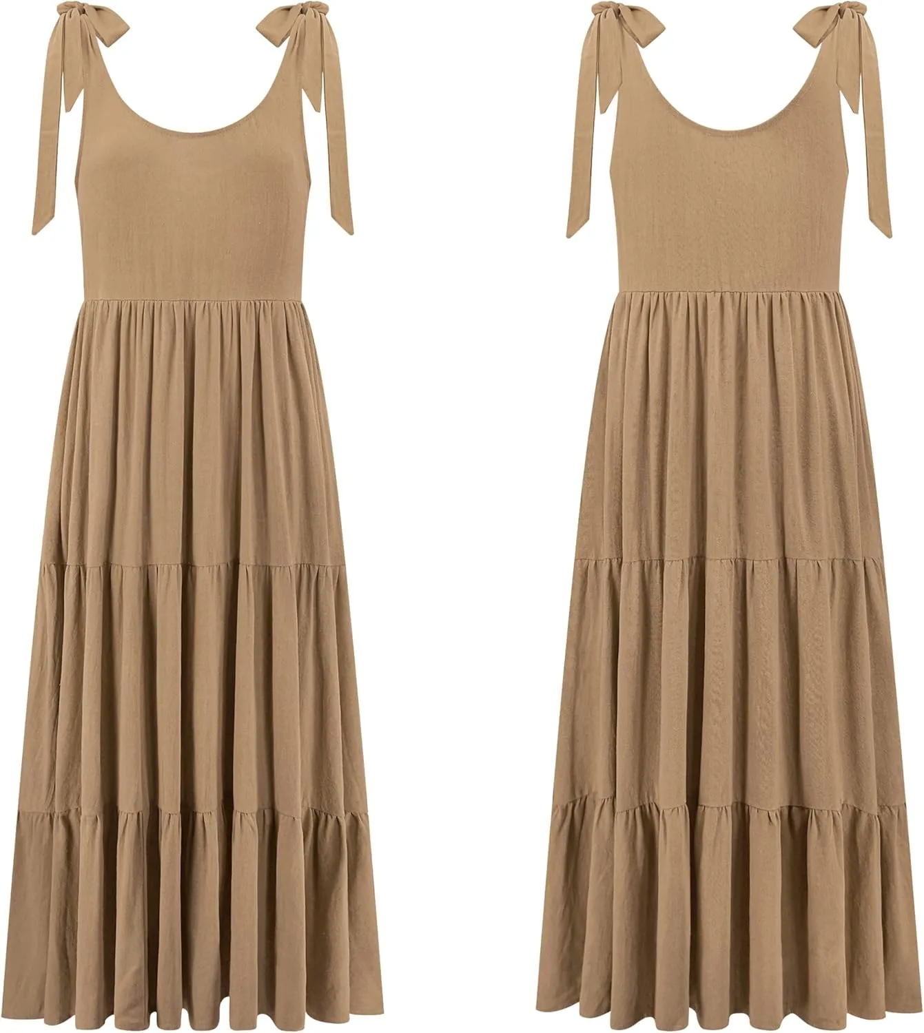 R.Vivimos Women's Summer Casual Beach Midi Dress Cotton Linen Sleeveless Adjustable Straps Tiered Flowy Dresses with Pockets