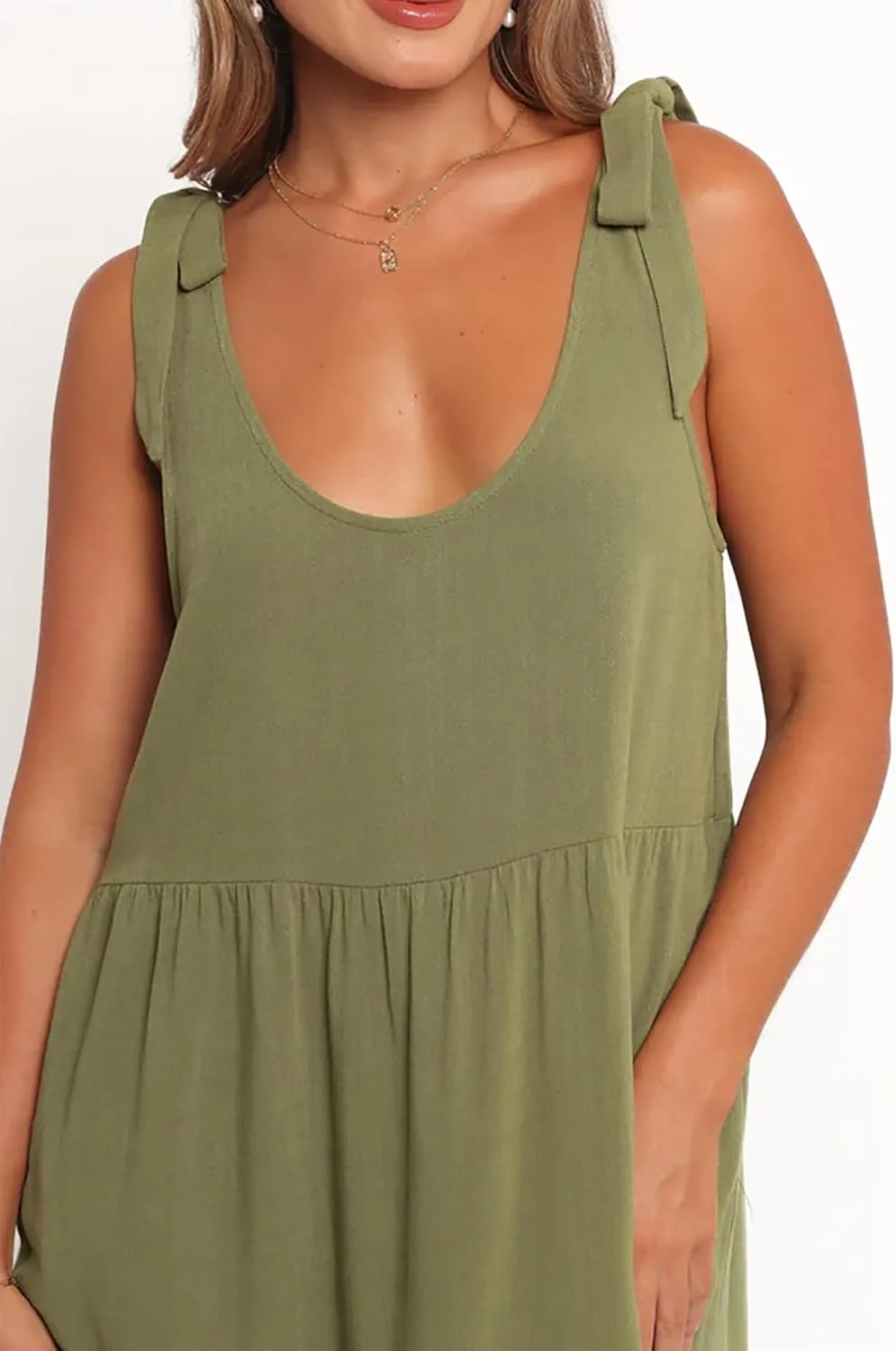 R.Vivimos Women's Summer Casual Beach Midi Dress Cotton Linen Sleeveless Adjustable Straps Tiered Flowy Dresses with Pockets