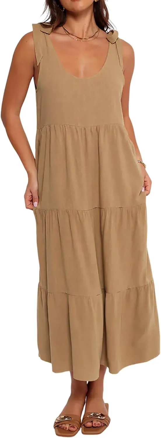 R.Vivimos Women's Summer Casual Beach Midi Dress Cotton Linen Sleeveless Adjustable Straps Tiered Flowy Dresses with Pockets
