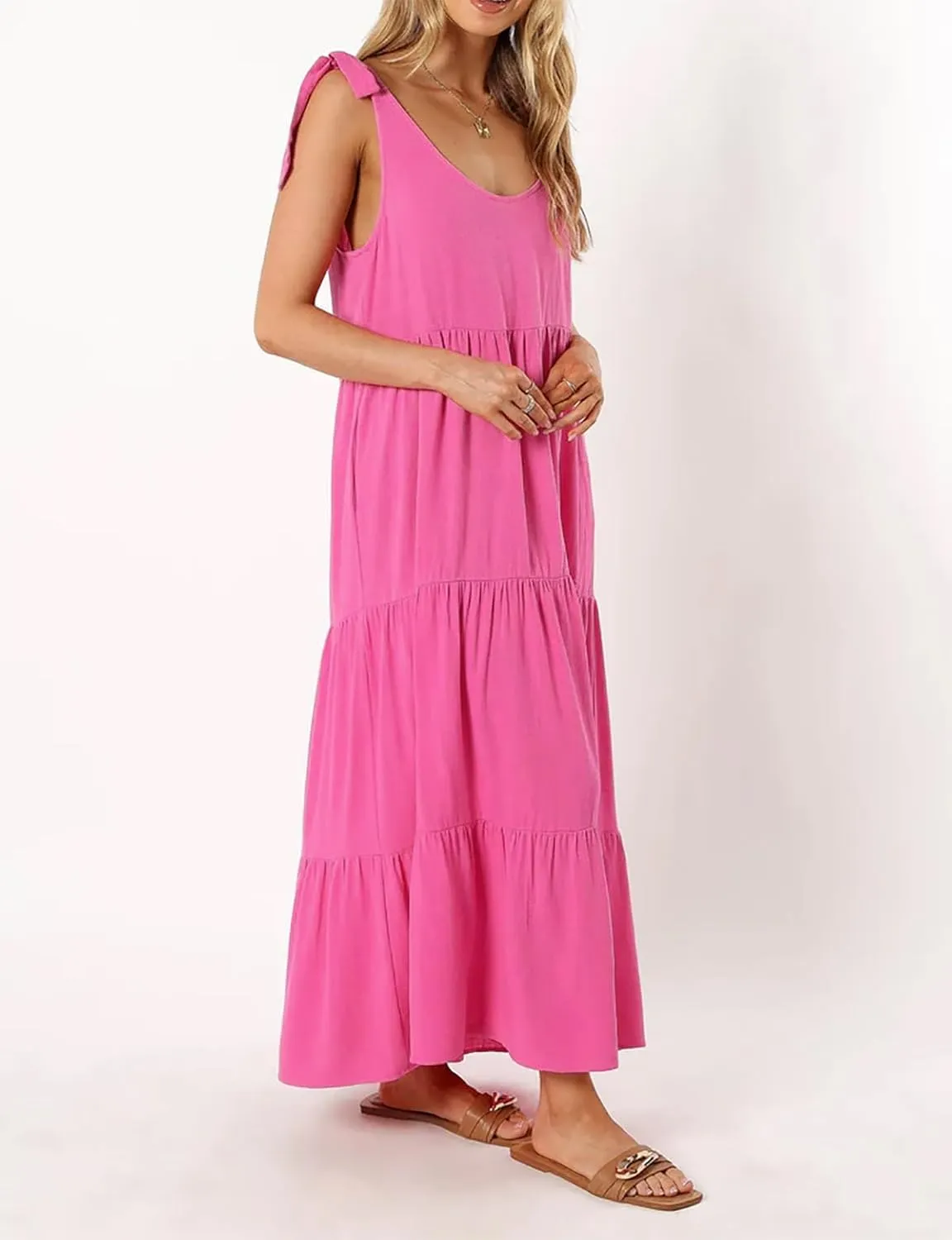 R.Vivimos Women's Summer Casual Beach Midi Dress Cotton Linen Sleeveless Adjustable Straps Tiered Flowy Dresses with Pockets