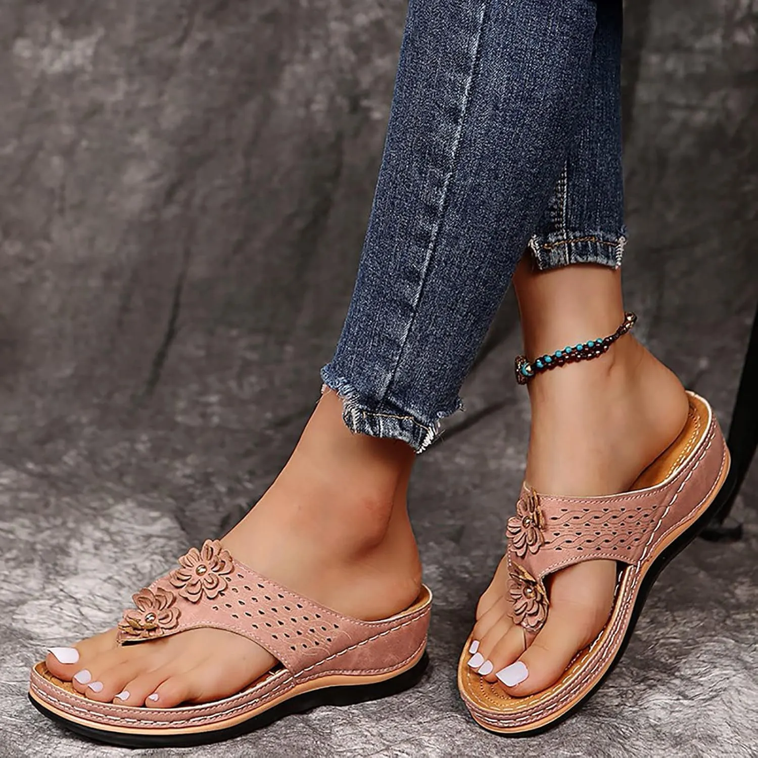 Sandals for Women 2025,Flower Orthopedic Sandals with Arch Support Flip Flops for Women Wedge Sandals,Orthotic Thong Sandals Ladies Slip on Slides for Walking Beach Vacation