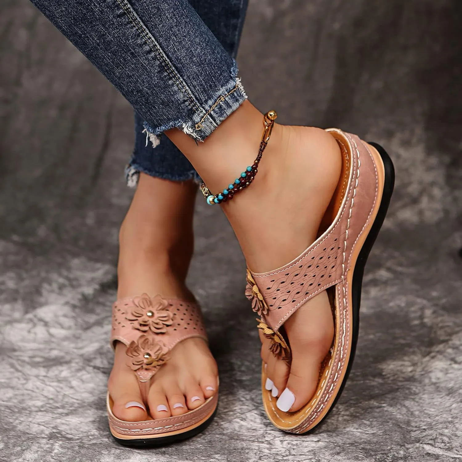 Sandals for Women 2025,Flower Orthopedic Sandals with Arch Support Flip Flops for Women Wedge Sandals,Orthotic Thong Sandals Ladies Slip on Slides for Walking Beach Vacation