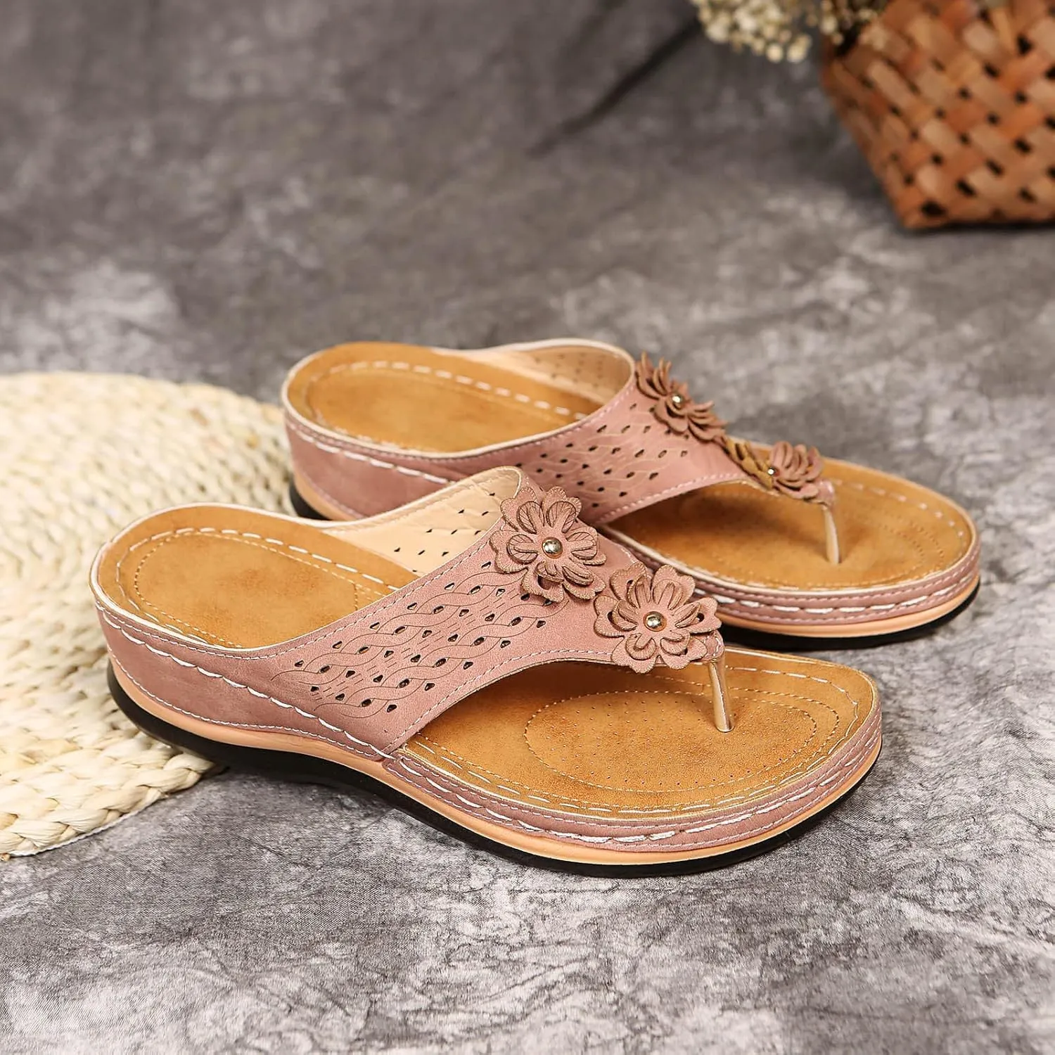 Sandals for Women 2025,Flower Orthopedic Sandals with Arch Support Flip Flops for Women Wedge Sandals,Orthotic Thong Sandals Ladies Slip on Slides for Walking Beach Vacation